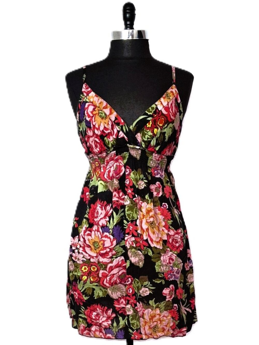 Prototype Sz L Floral Mini Dress Black Pink Rose Smocked Empire Waist Cami